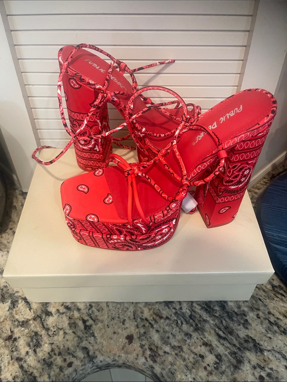 Public Desire Red Bandana-Print Lace-Up Platform Heels